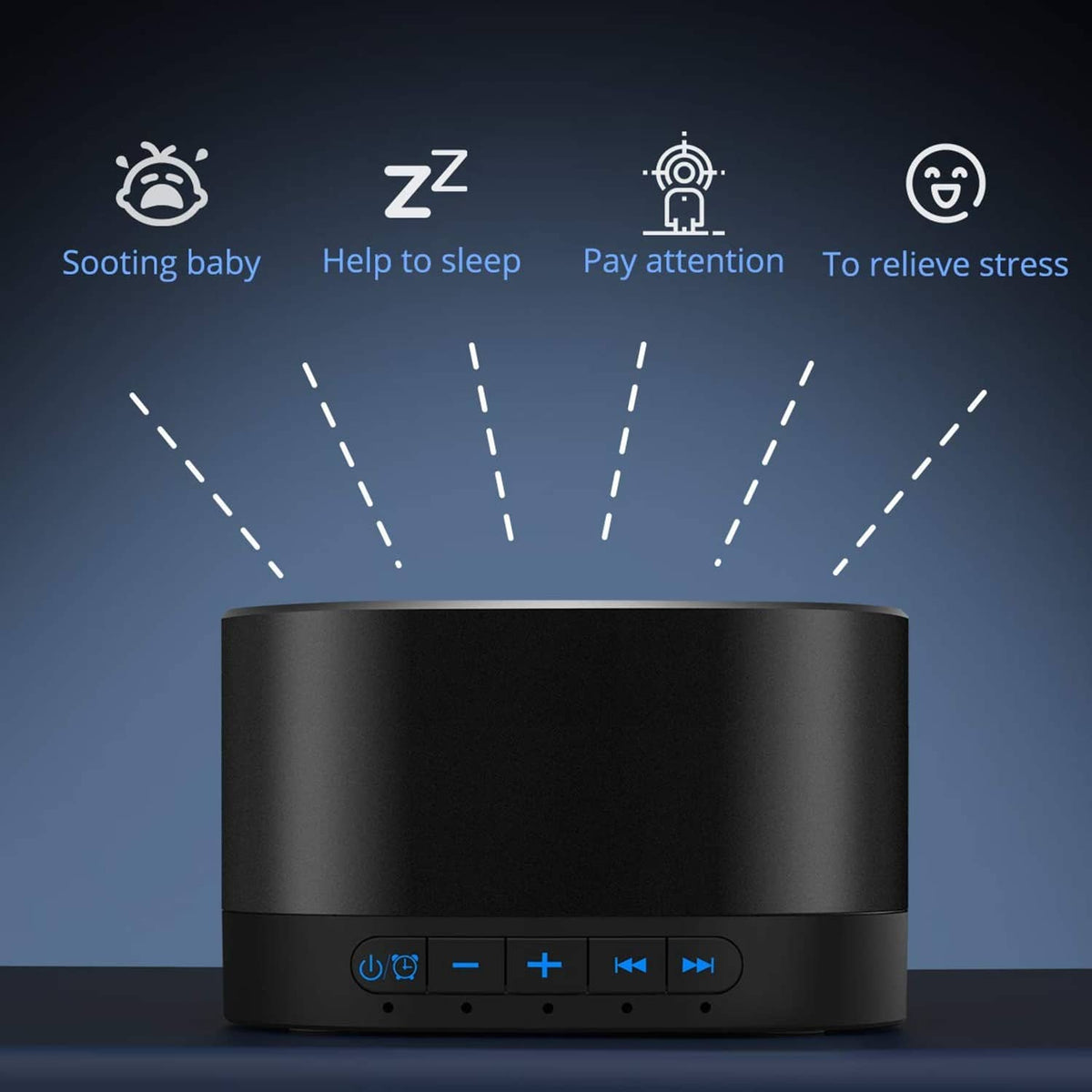 Front view sound machine with sleep and stress icons, black cylinder with blue-lit controls