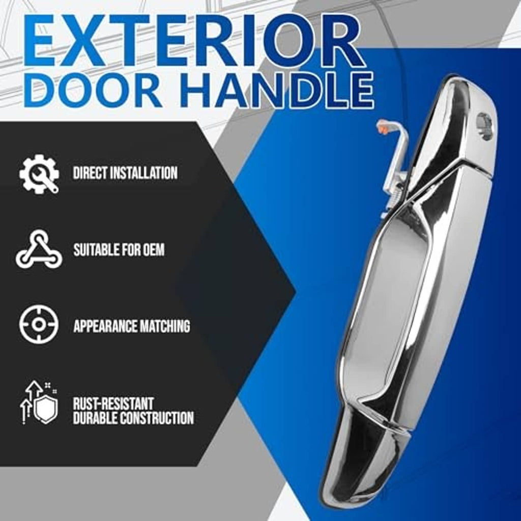 Exterior chrome door handle with ergonomic grip and integrated mounting area