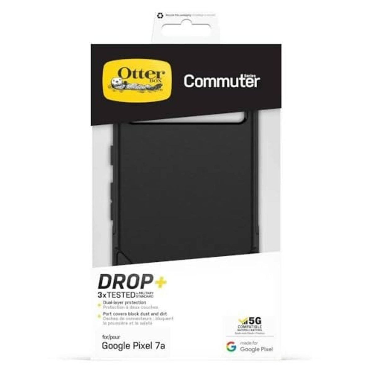 OtterBox Commuter black case retail package for Google Pixel 7a, Drop+ 3x tested