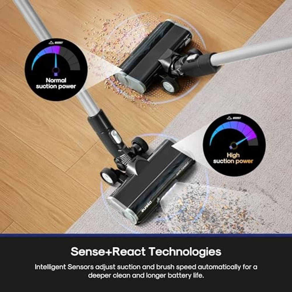 Cordless stick vacuum with floor brush head on wood floor and area rug