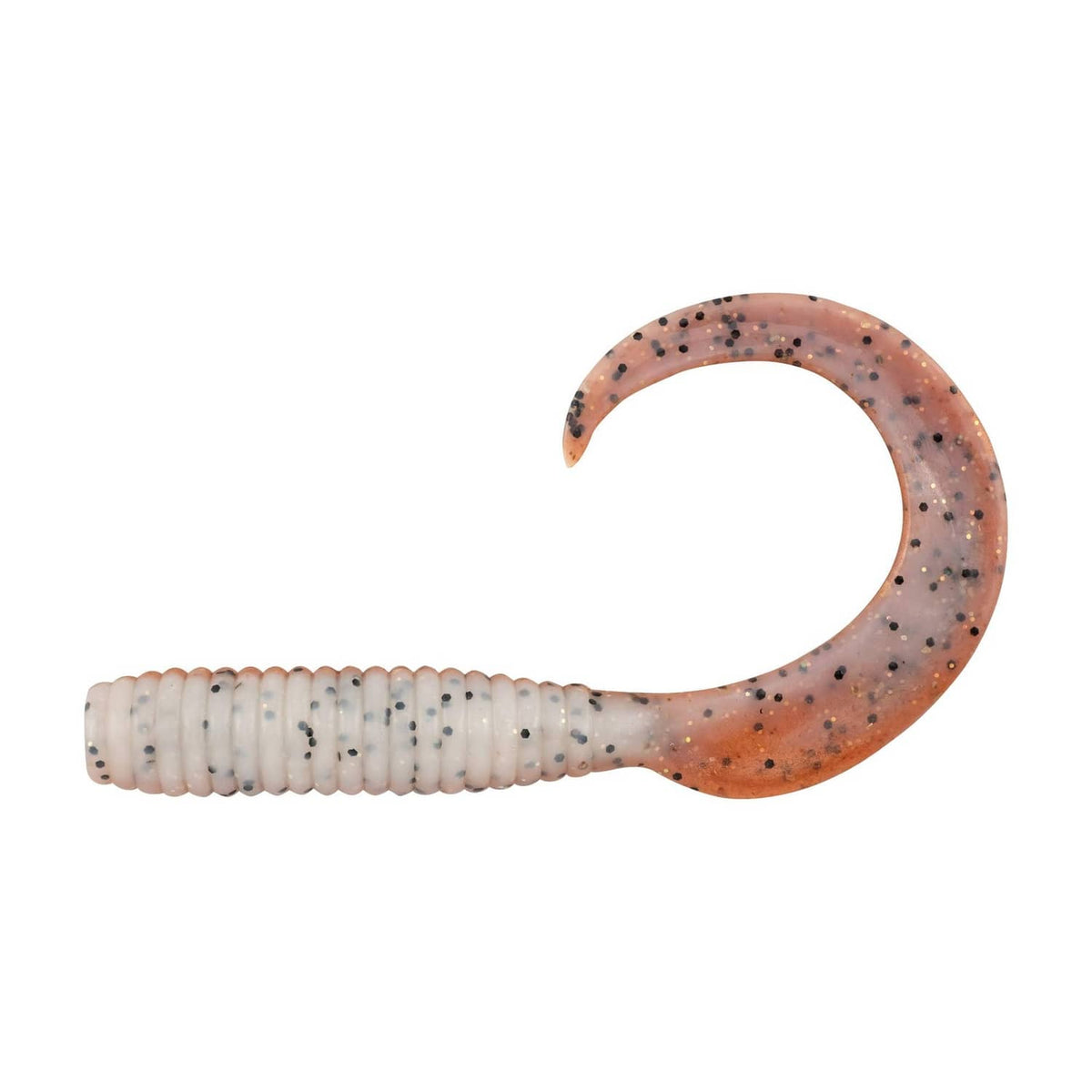 Brown-orange speckled soft plastic worm lure with ribbed body and curved paddle tail