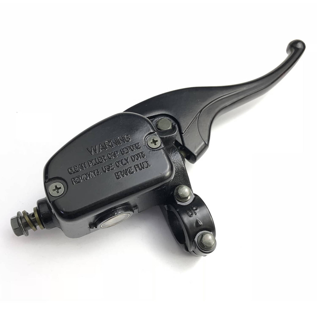 Right brake master cylinder lever with warning reservoir cap and front mounting hardware