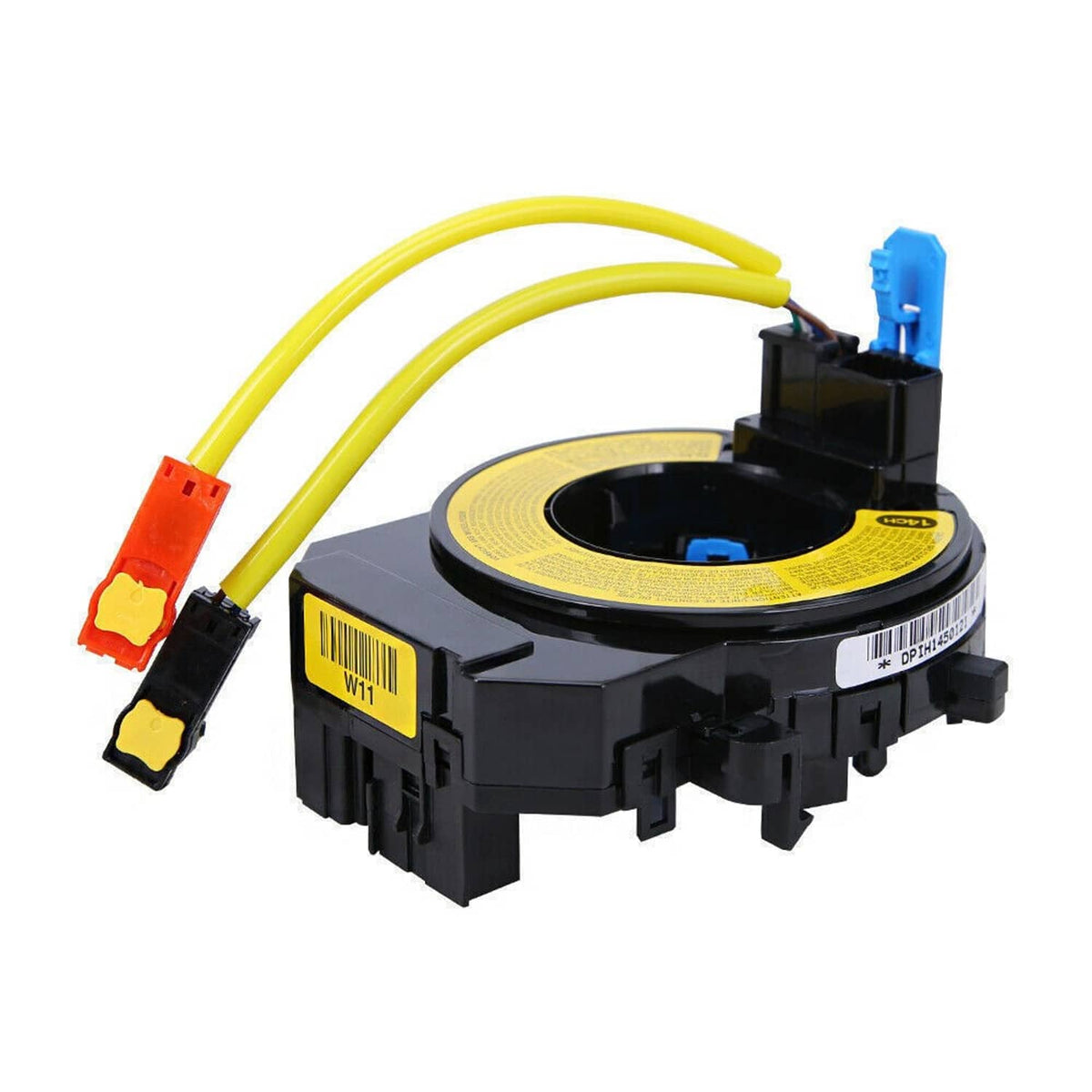 Clock spring spiral cable with black housing, yellow wiring, and blue connector