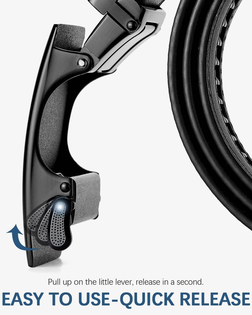 Black ratchet belt buckle with quick-release lever and serrated teeth