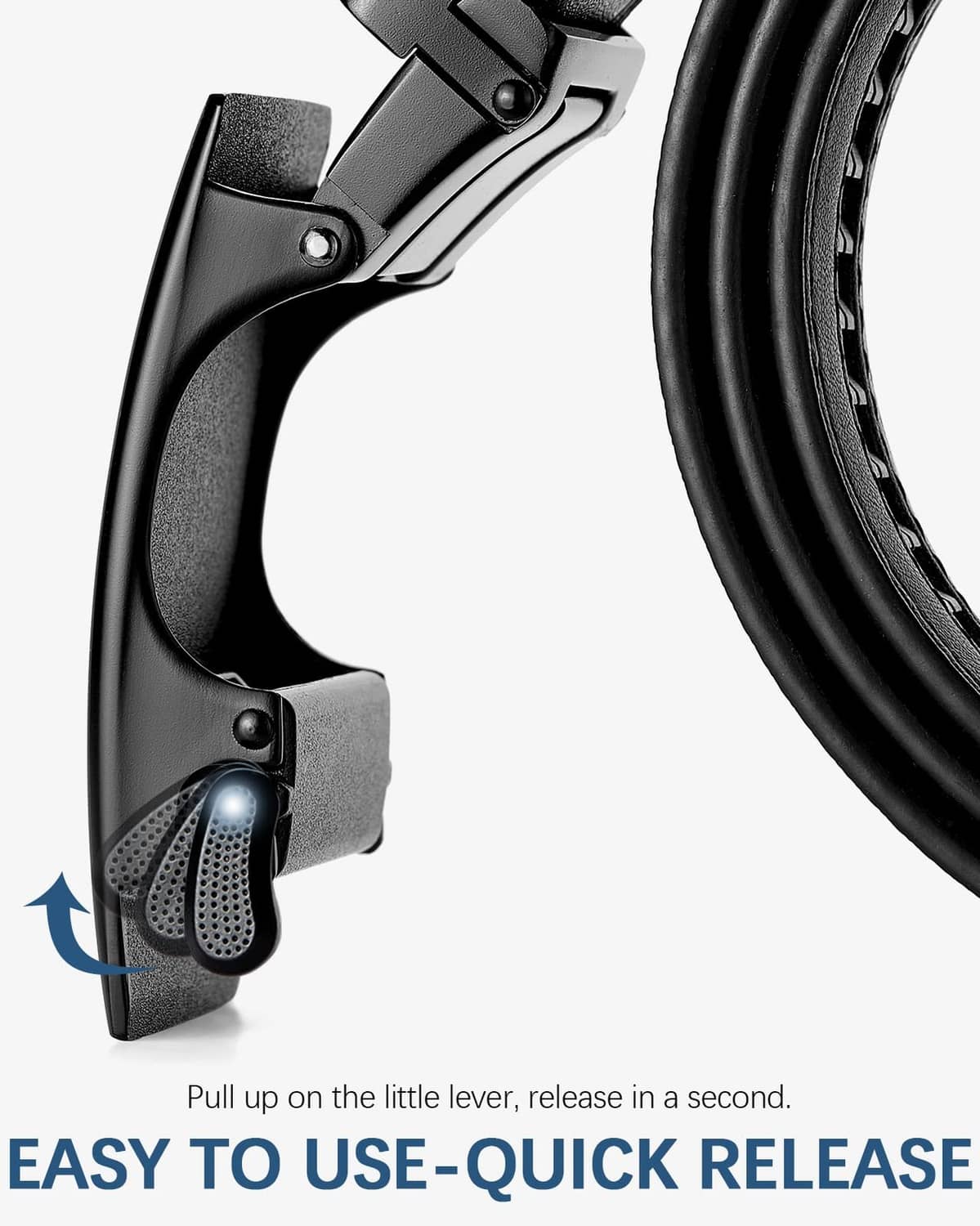 Black ratchet belt buckle with quick-release lever and serrated teeth