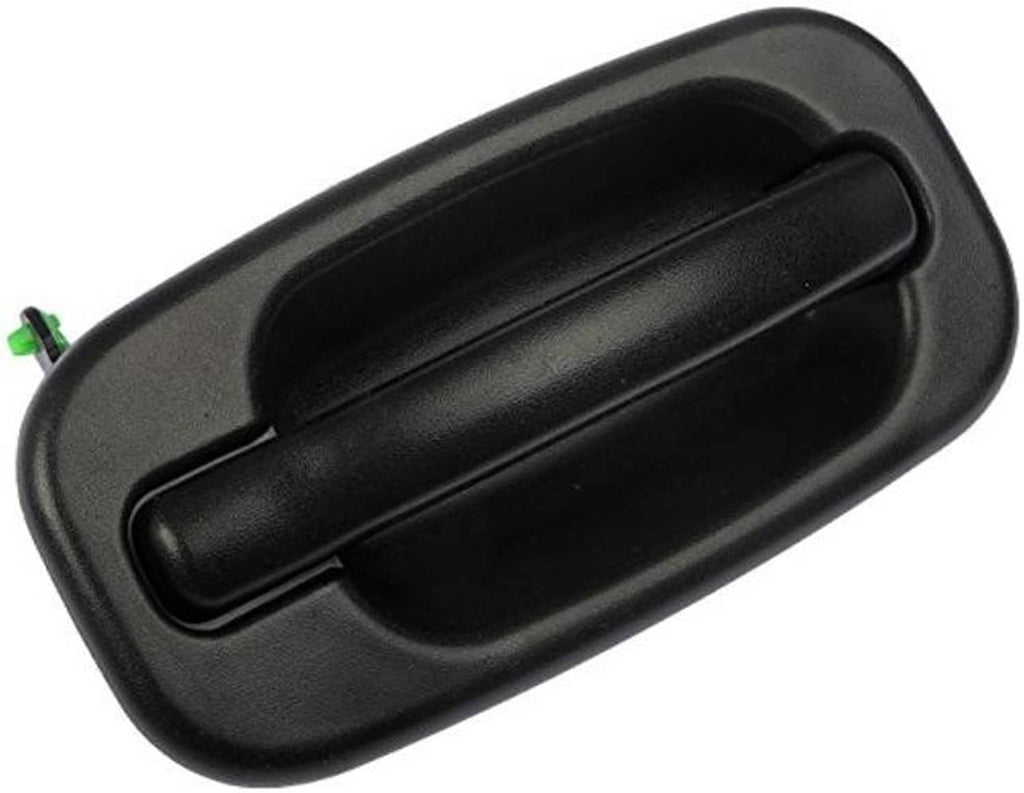 Front exterior door handle, black textured housing with curved lever
