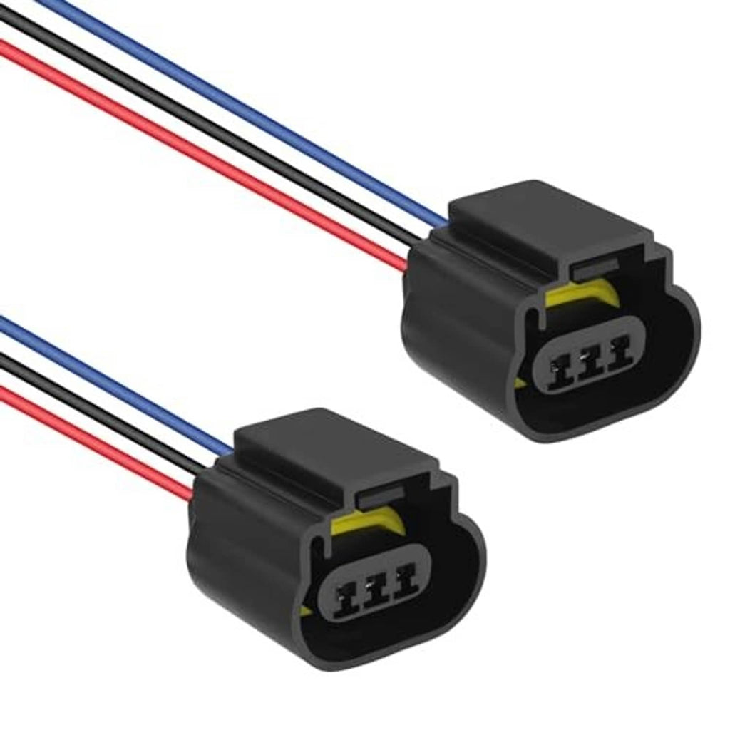 Two headlight female socket connectors with black housing and colored wire leads