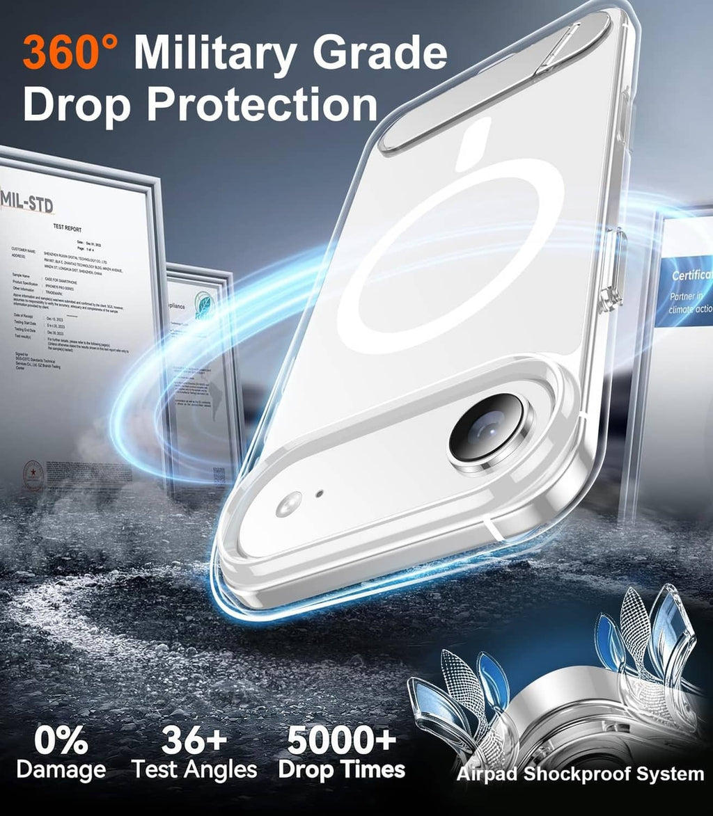 Clear iPhone Air case with kickstand, shockproof corner protection and raised edges