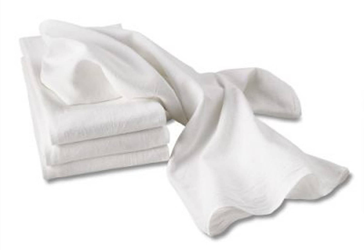 White flour sack dish towels, folded stack, 28 in x 28 in