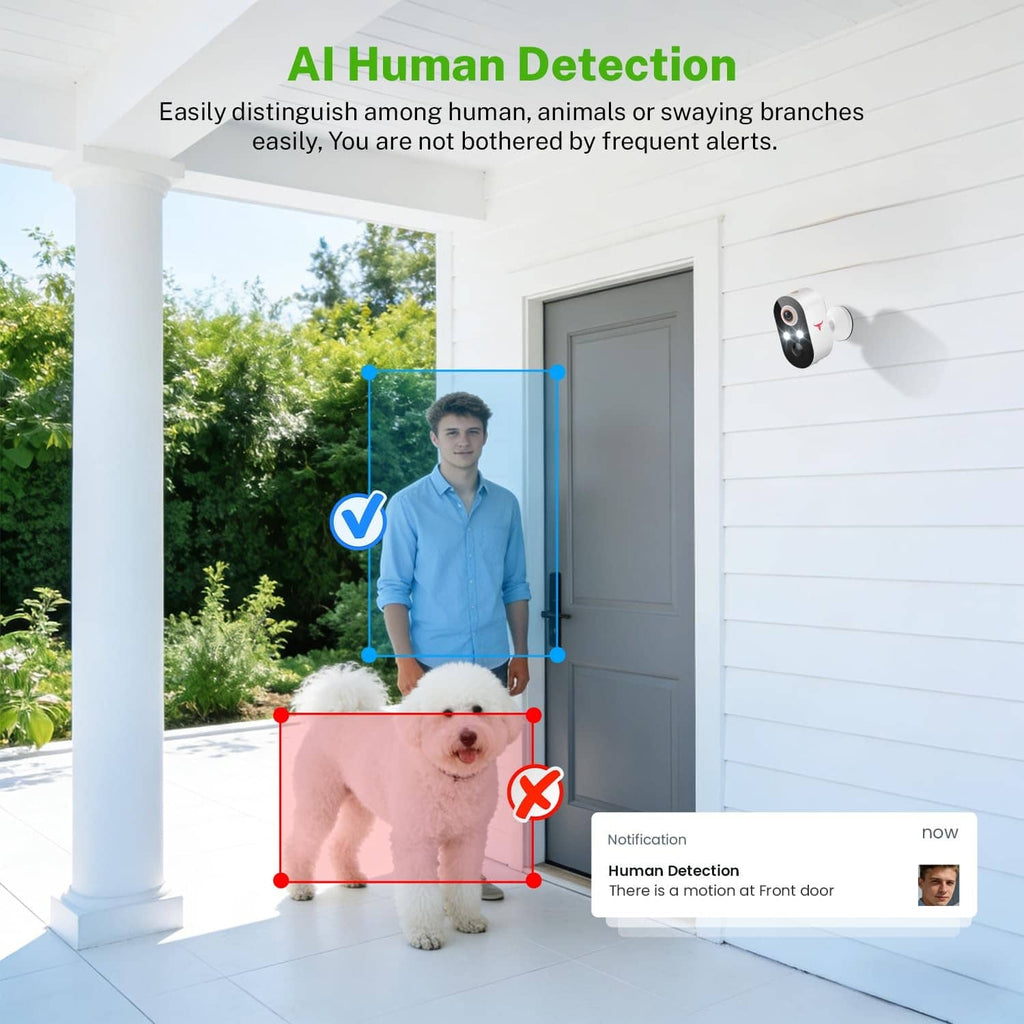 Outdoor wireless security camera on porch wall with person detection frame and alert icon