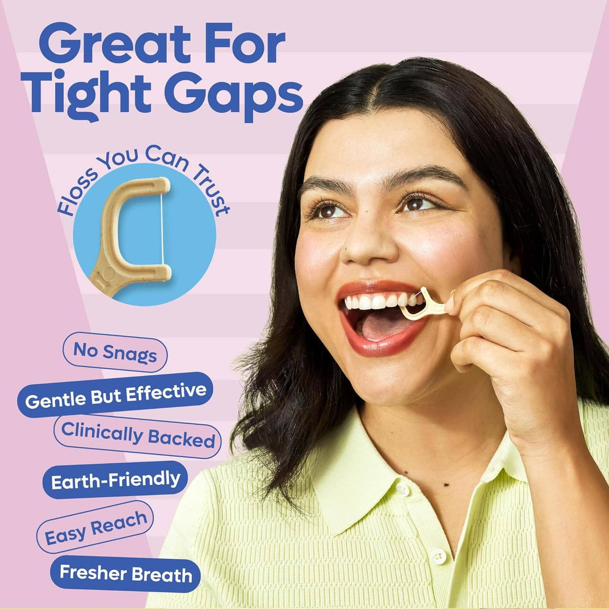 Beige U-shaped floss pick held at the teeth for tight-gap cleaning