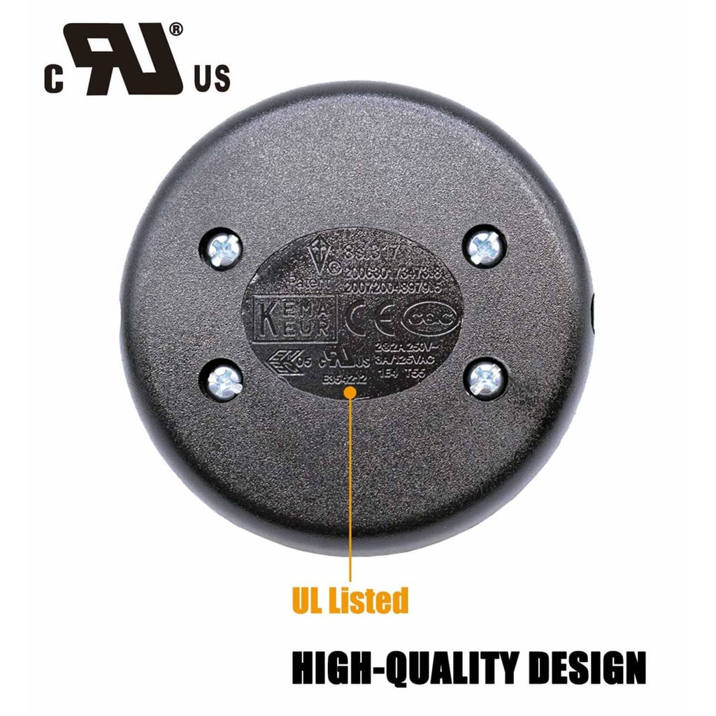 Black round foot pedal lamp switch base with UL markings and four mounting screws.