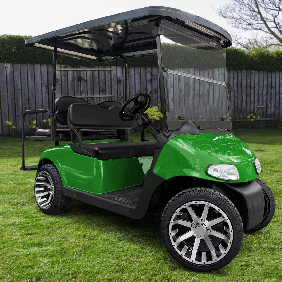 Black front seat bottom and backrest kit installed on a golf cart