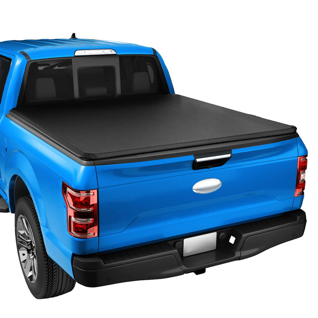 Soft roll-up truck bed tonneau cover with matte black top and side latch