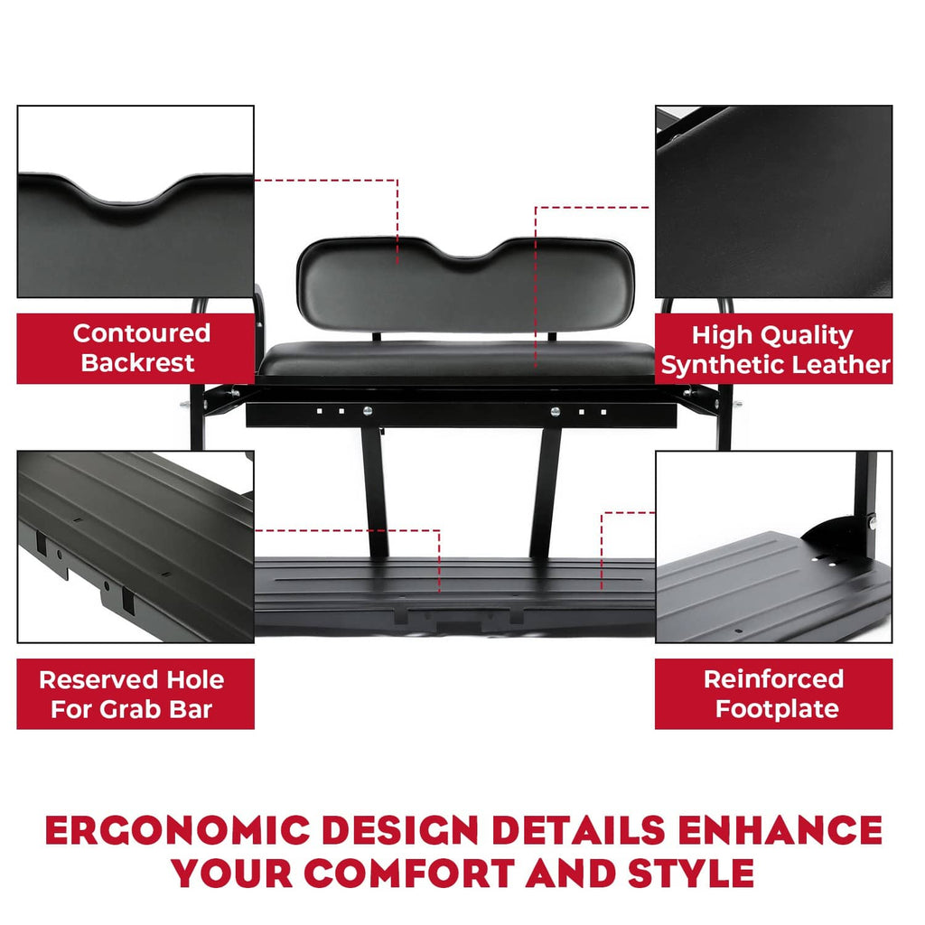 Rear back seat kit detail view: contoured backrest, reinforced footplate, reserved grab hole