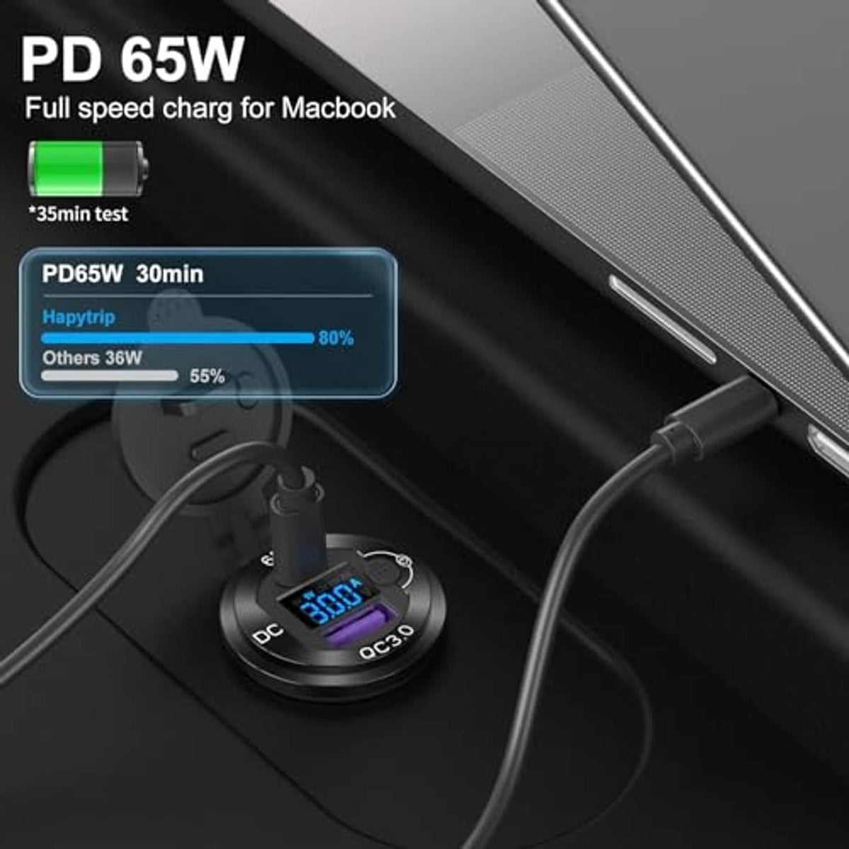 Black 12V car USB charger with QC3.0 LED meter for dashboard power
