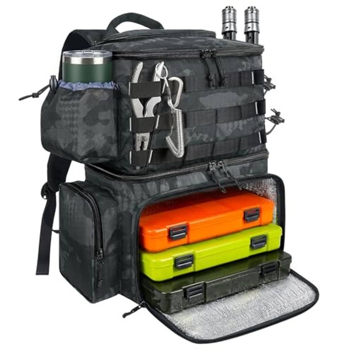 Dark camo fishing backpack with two rod holders and insulated lower tray compartment