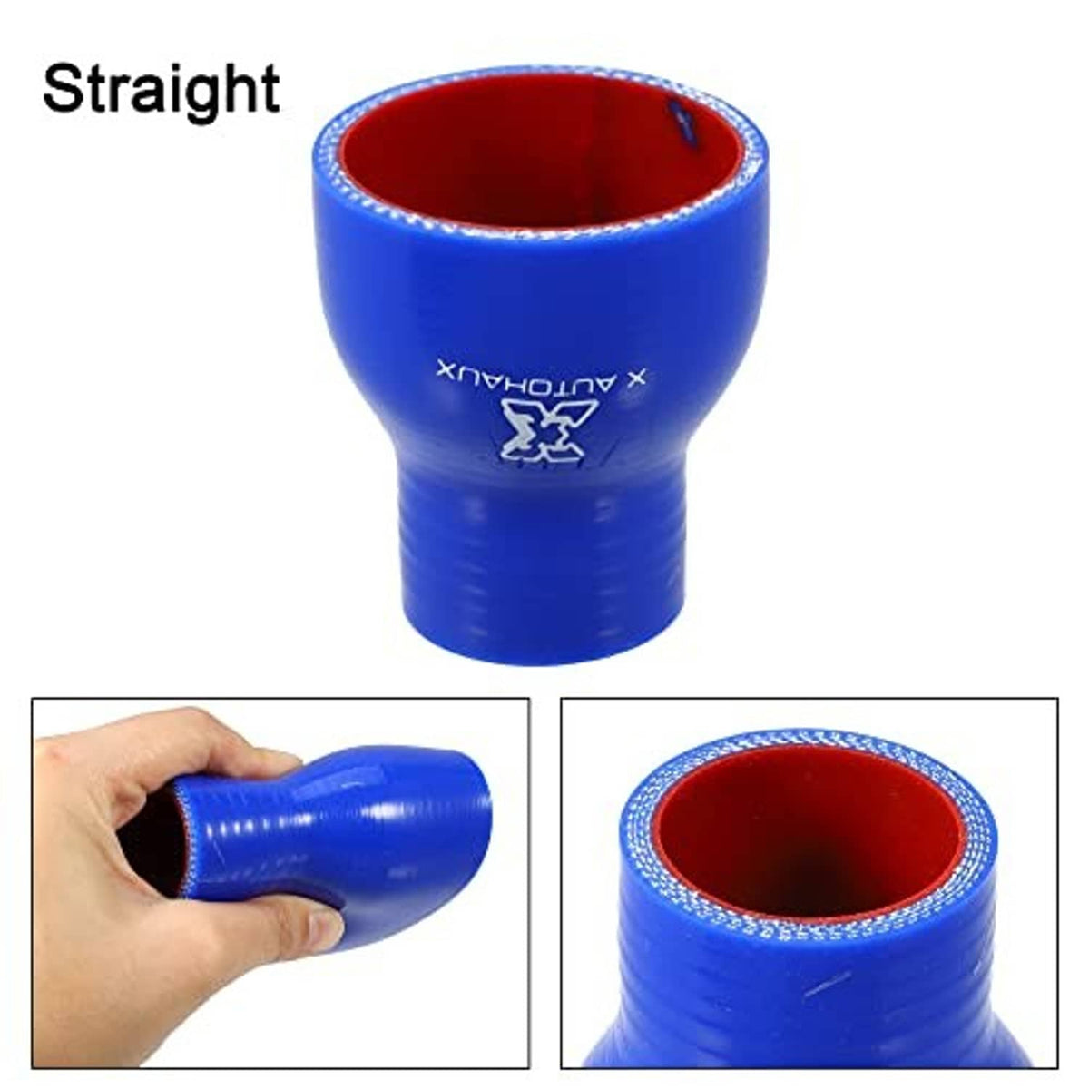 Straight blue silicone reducer hose coupler with red inner opening for 38mm
