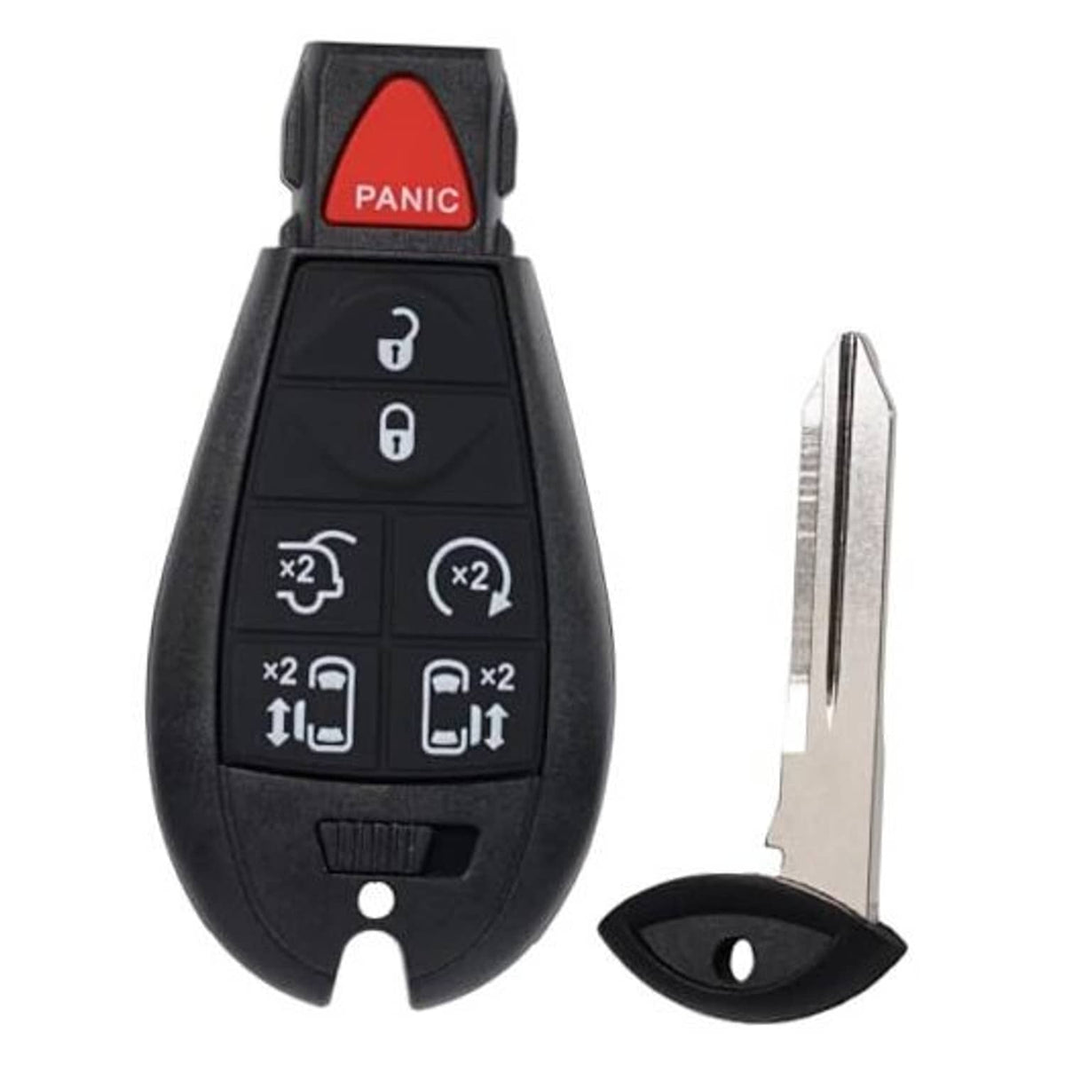 Black 7-button smart key fob with red PANIC button and silver key blade