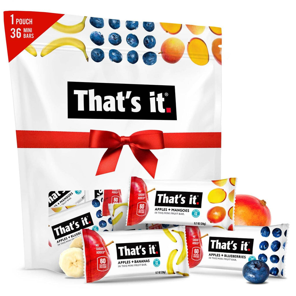White That’s it gift pouch tied with red ribbon, featuring assorted mini fruit bar packs