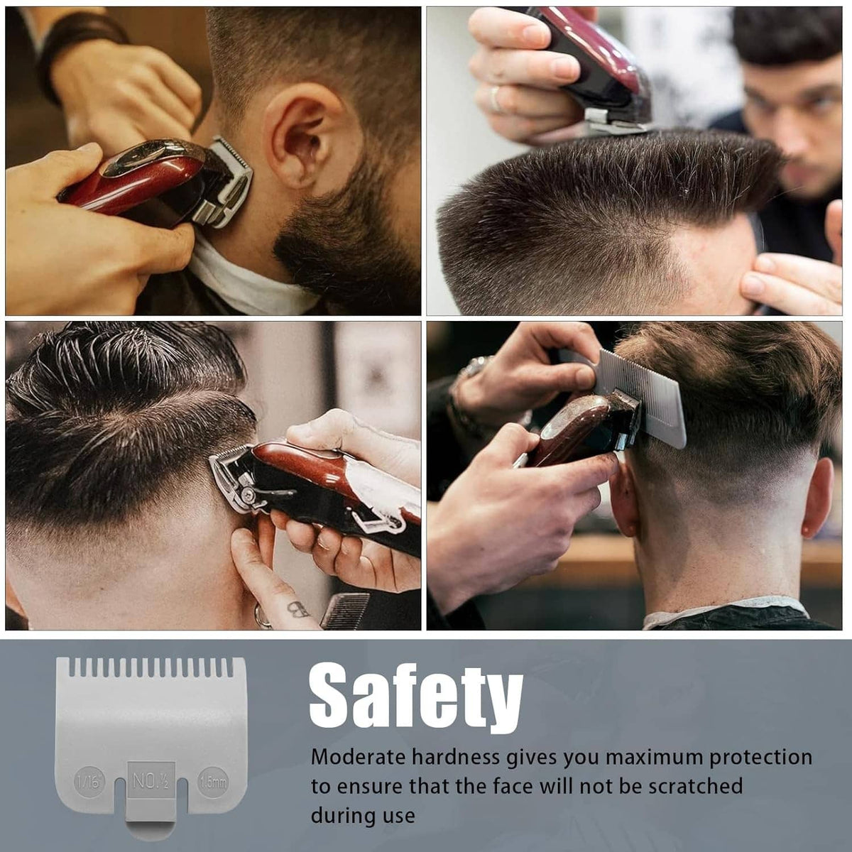 Silver clipper guard replacement shown during hair trimming with a handheld trimmer