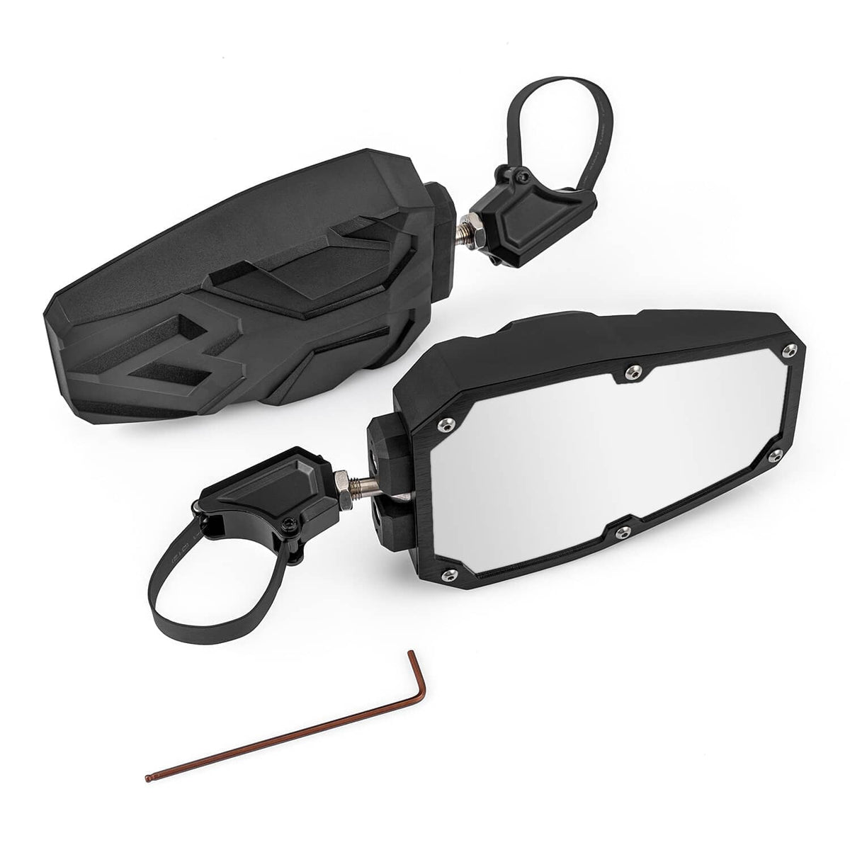 Foldable UTV side mirror pair with black enclosures, mounting base, and strap