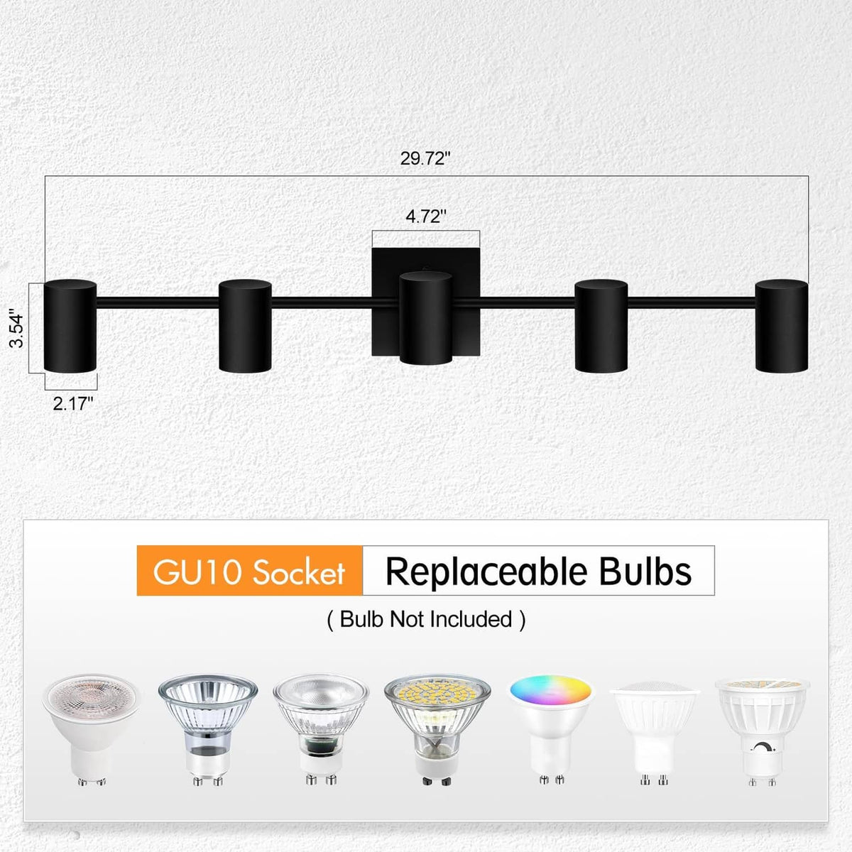 Black ceiling track lighting with five spotlights and GU10 socket size diagram
