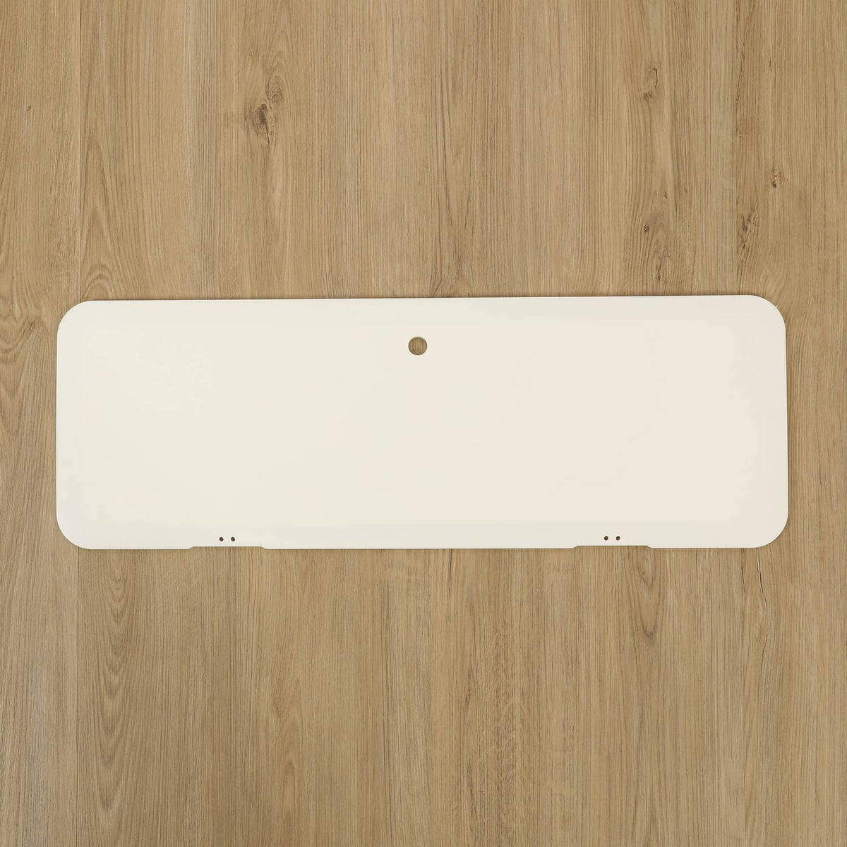 Boat locker door cover lid, white panel with cutout screw holes and rounded end corners
