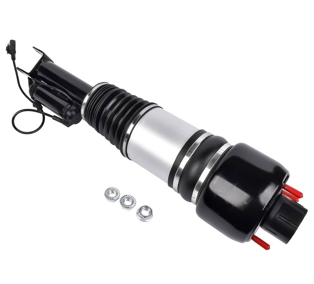 Air suspension strut with black top and base, silver center tube, coiled spring, included washers