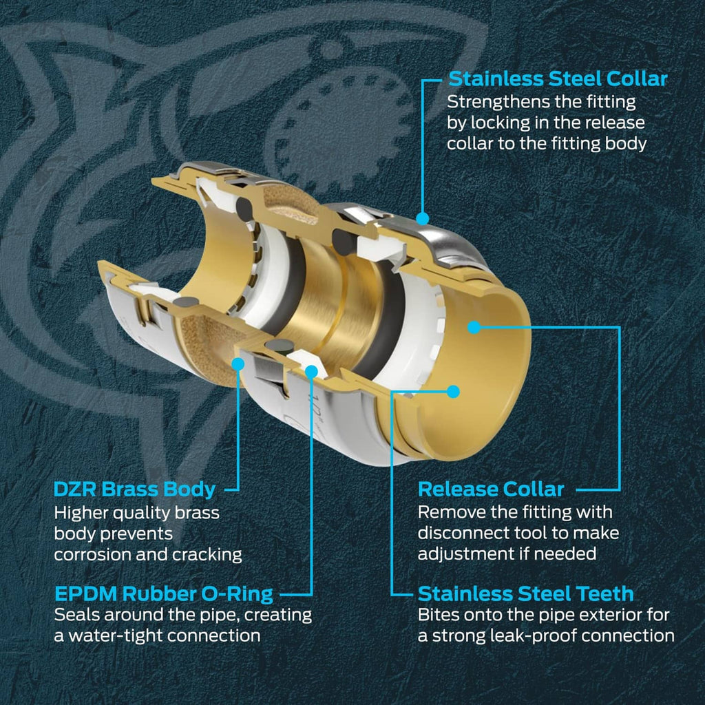 Push coupling cutaway showing stainless collar, DZR brass body, O-ring, steel teeth