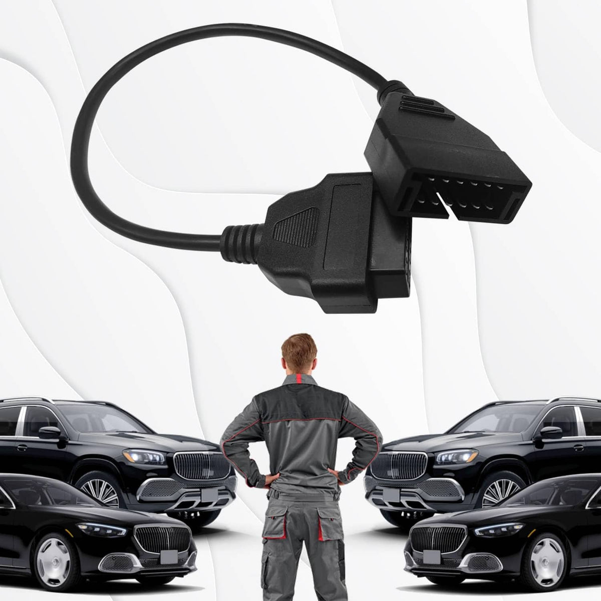 Black OBD adapter cable with angled diagnostic plug and housing