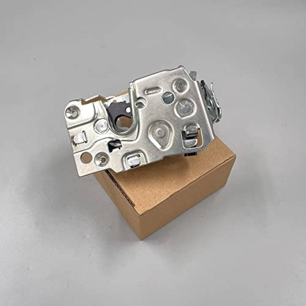 Front door latch lock mechanism, silver metal assembly with screw holes on box