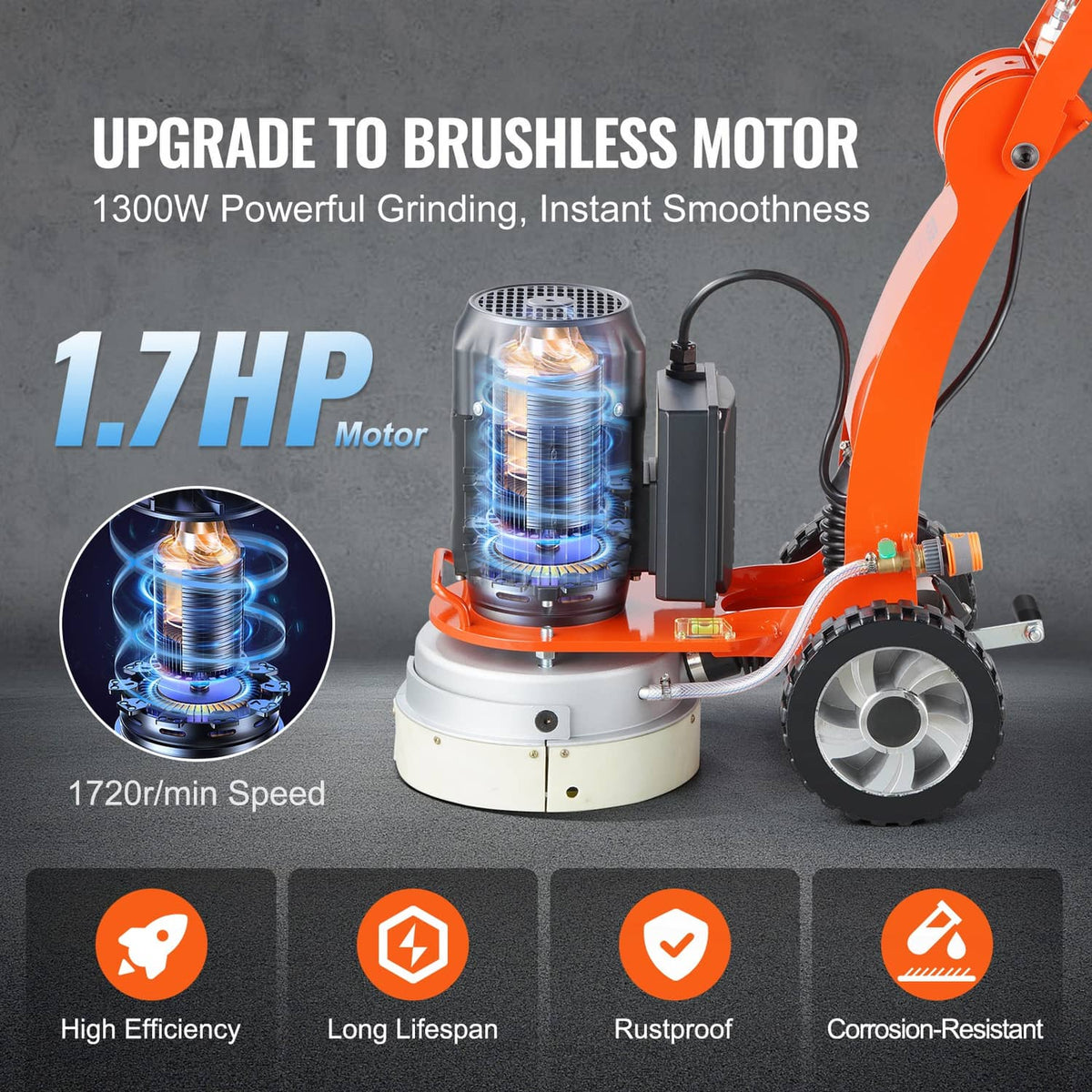 Orange walk-behind floor grinder with black motor housing and front guide wheel