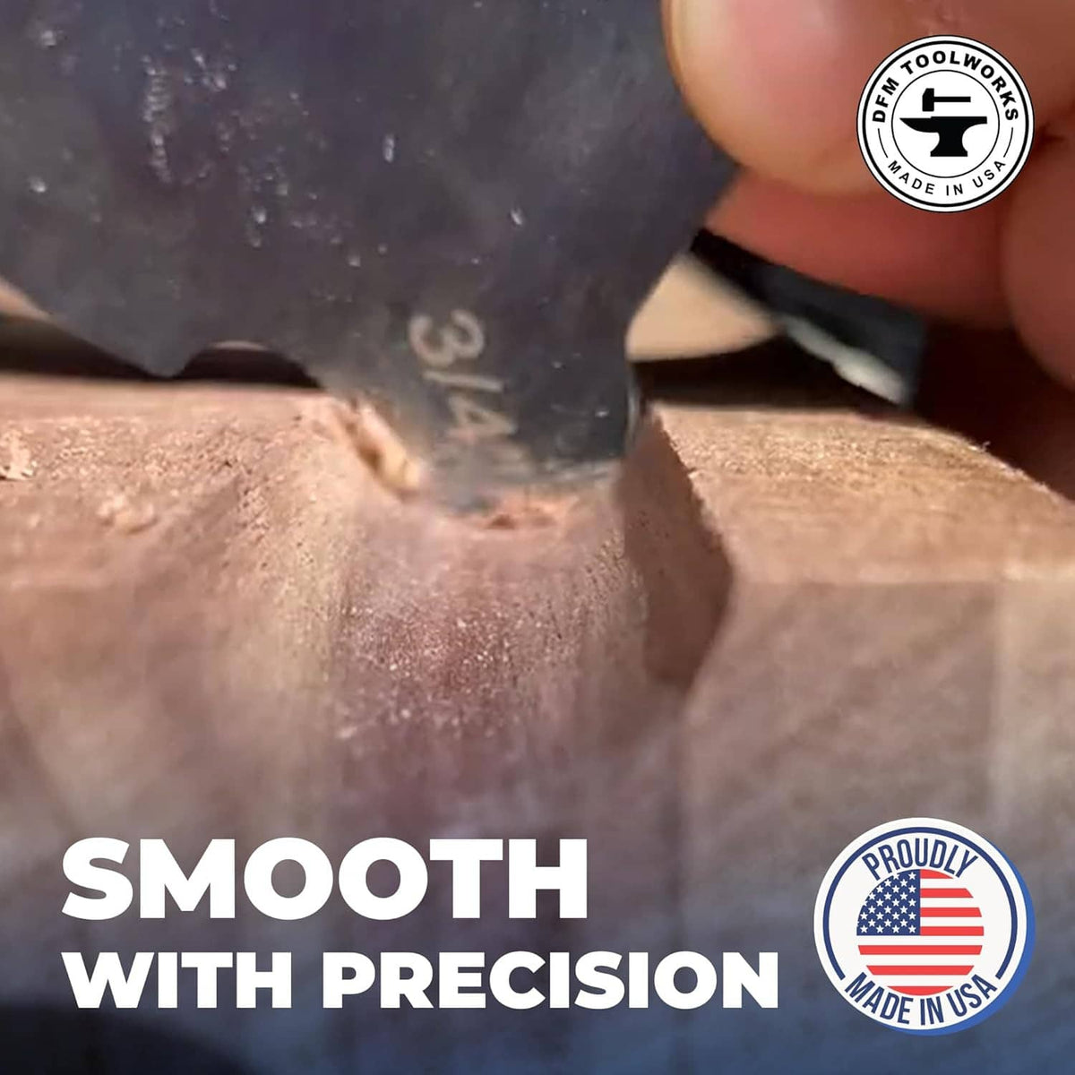 Curved cabinet scraper edge smoothing wood, with blue card backing and dust