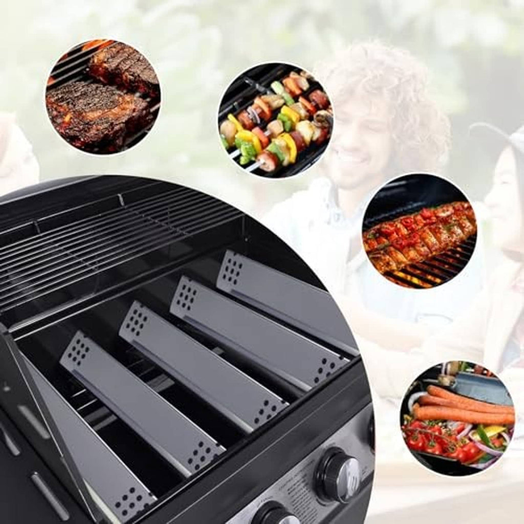 Grill burner assembly with stainless burner tubes and vented heat shields for cooking