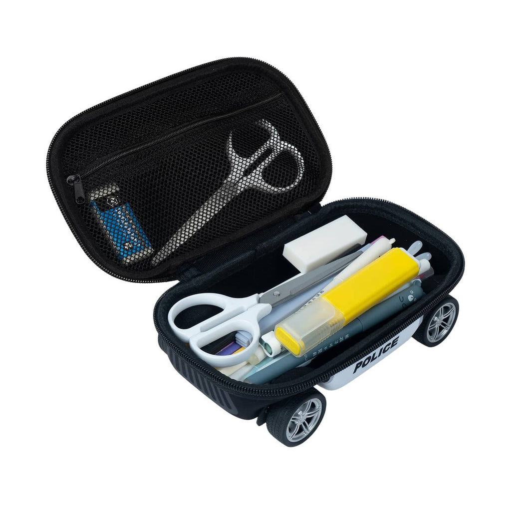 Blue police car pencil case open with mesh divider and stationery inside