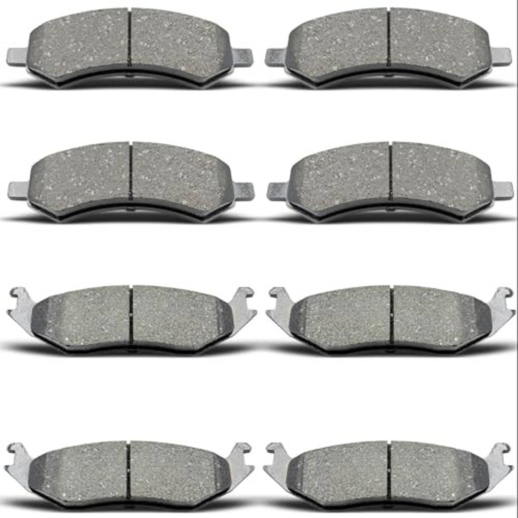 Ceramic brake pad set (8 pieces), grey pads arranged in rows with metal tabs