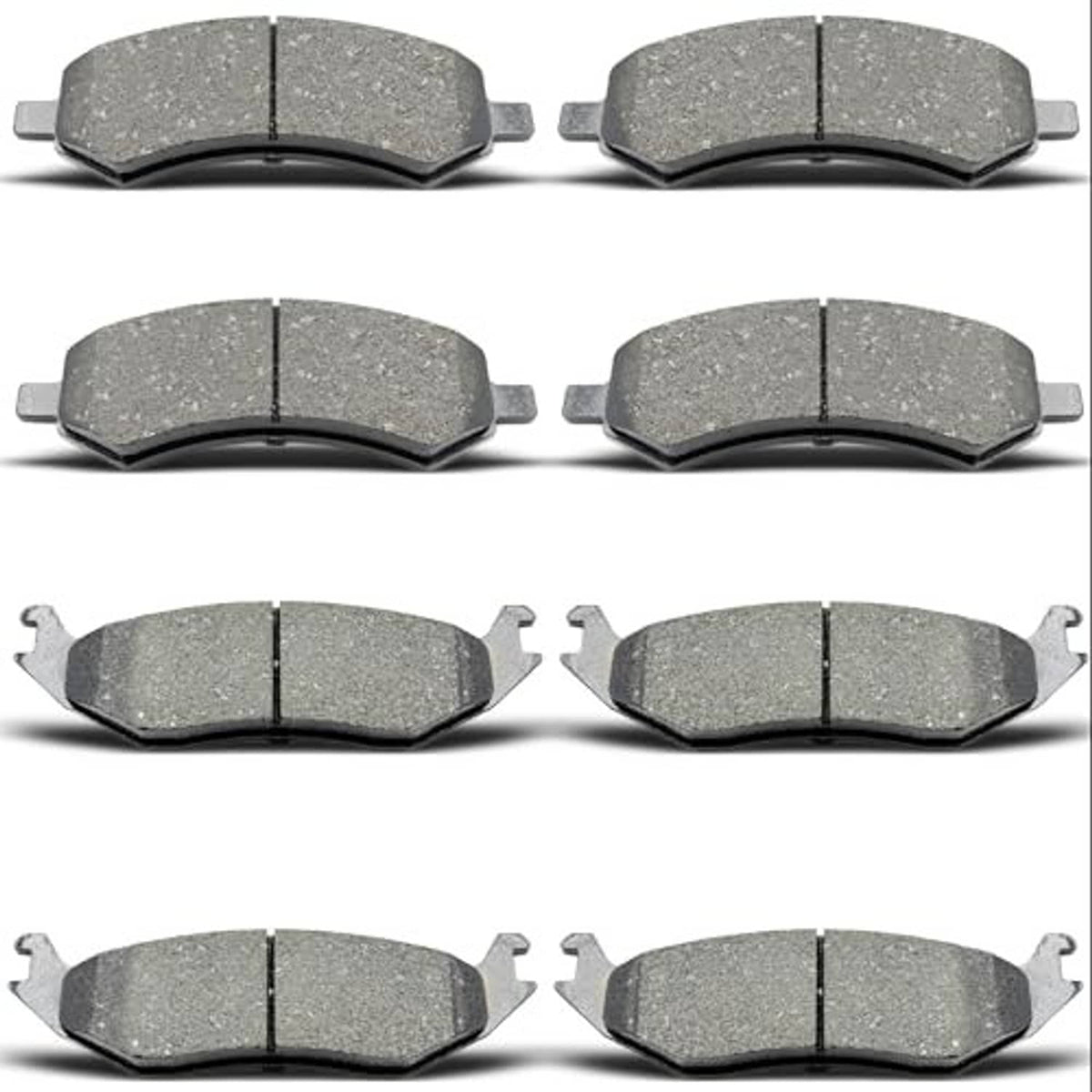 Ceramic brake pad set (8 pieces), grey pads arranged in rows with metal tabs
