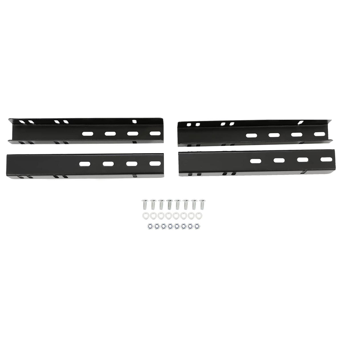 Black trailer fender mounting bracket rails with installation bolts and washers