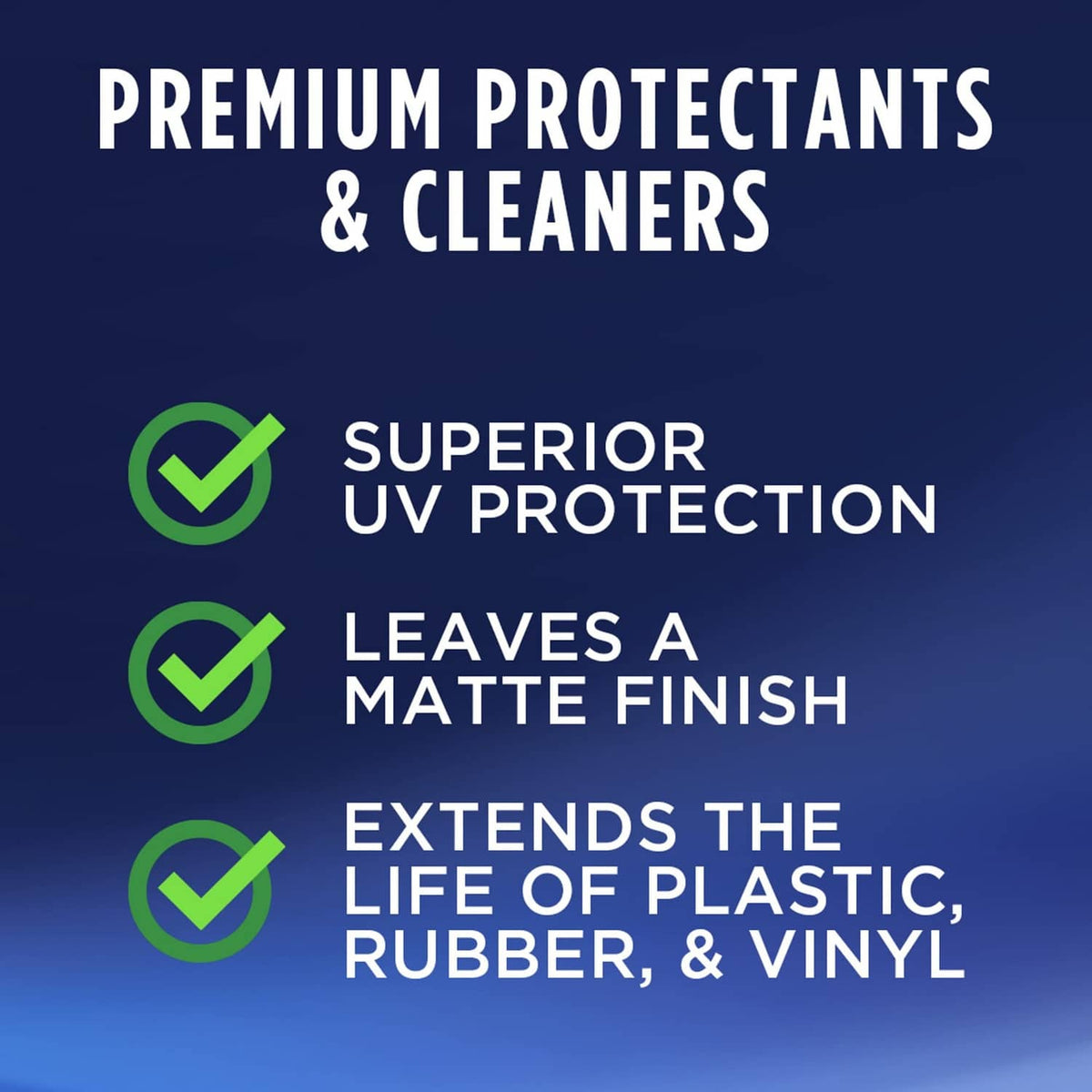 Promotional graphic showing superior UV protection and matte finish checkmarks