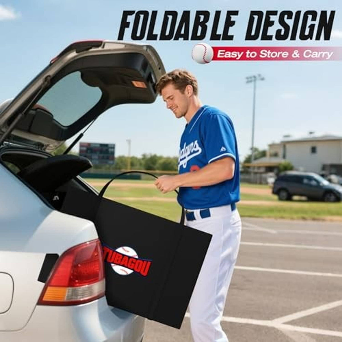 Foldable pitching net with black frame and red strike zone grid, in carrying bag