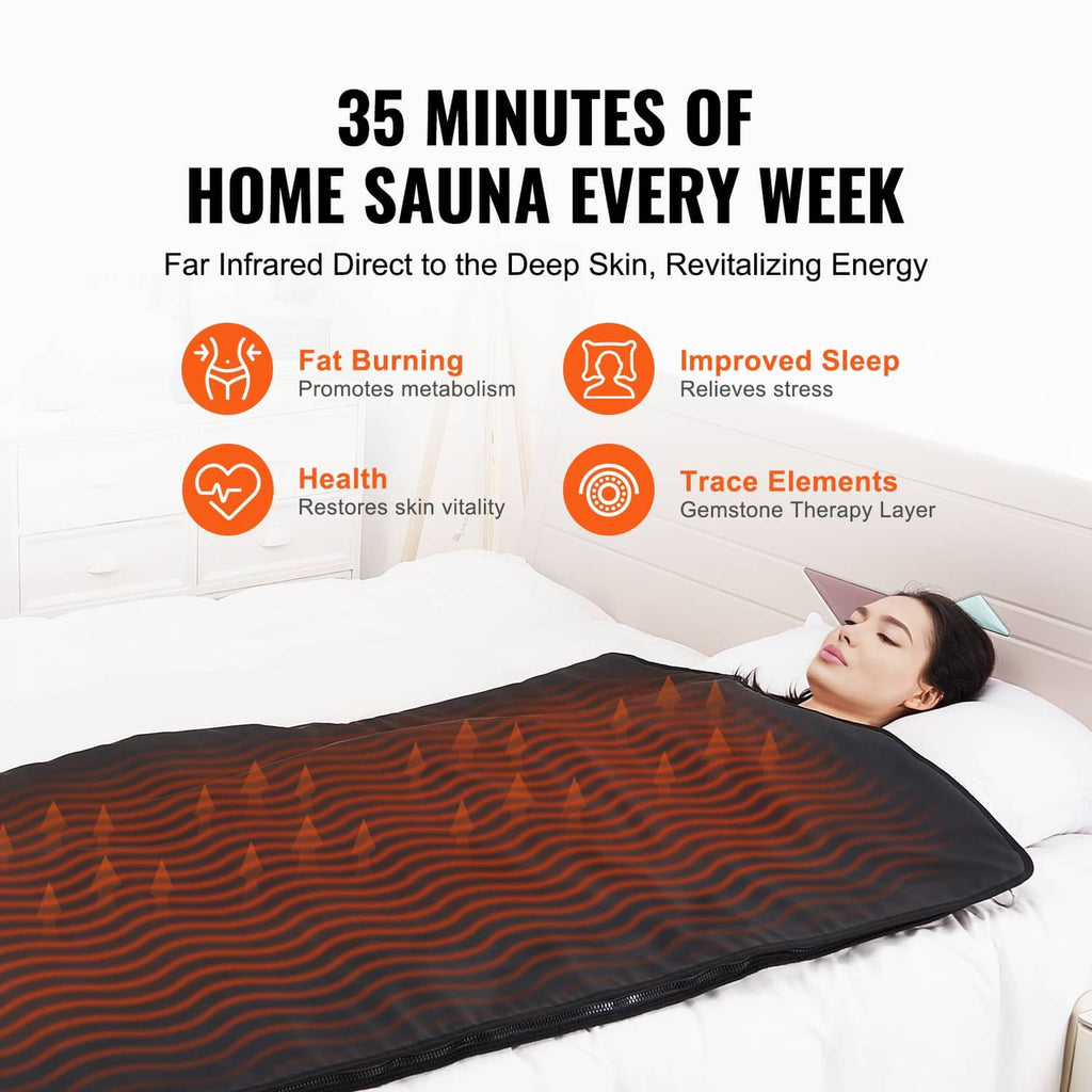 Infrared sauna heating blanket with orange wave glow lines on a person