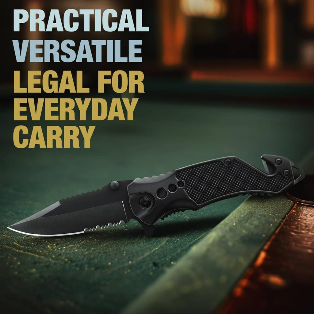 Black folding pocket knife with serrated edge and textured grip for everyday carry