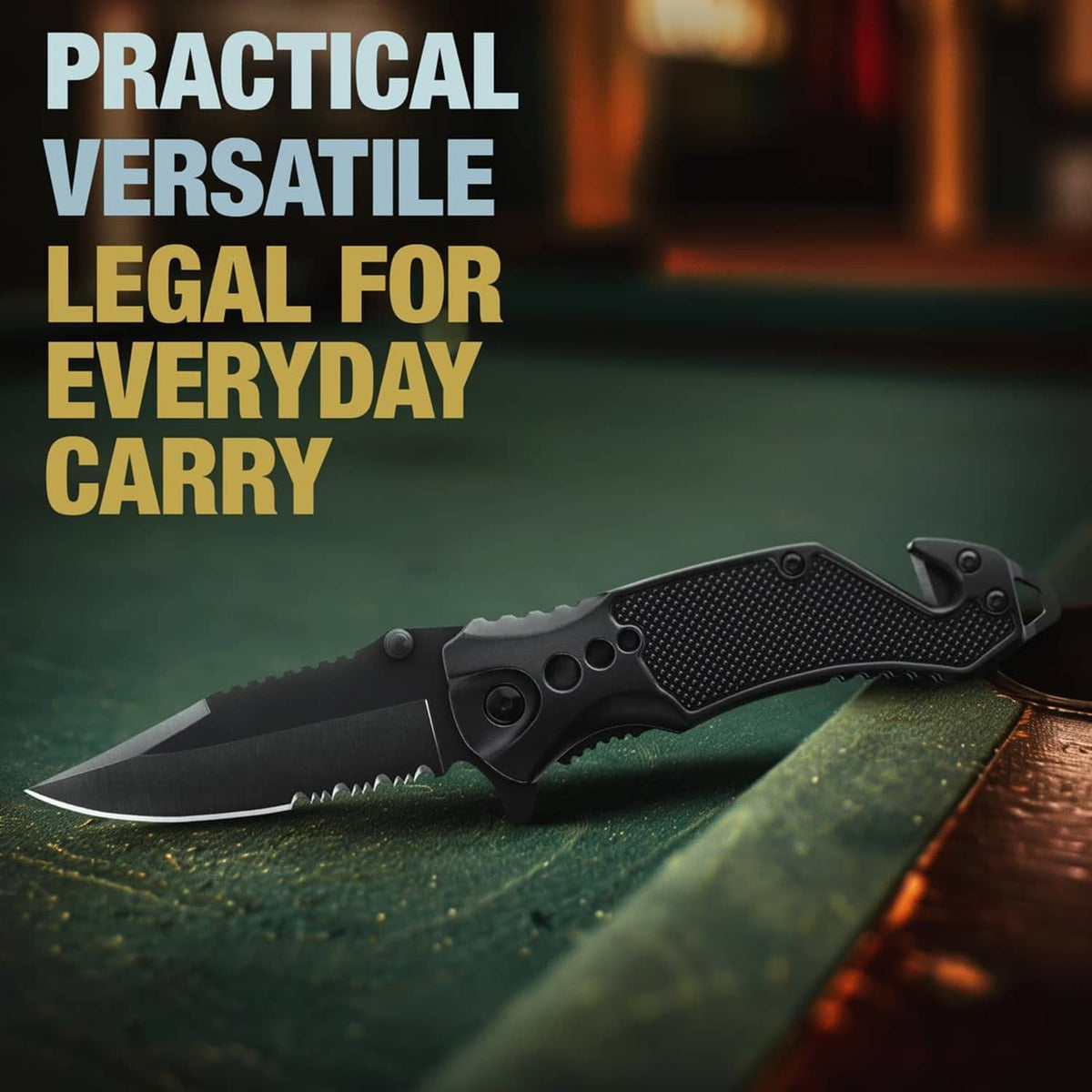 Black folding pocket knife with serrated edge and textured grip for everyday carry