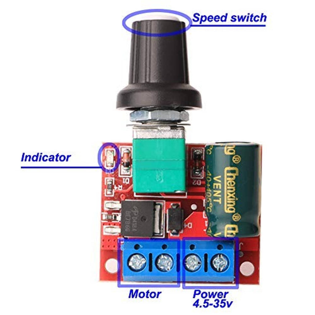 DC motor PWM speed controller board with green switch and motor/power terminal headers