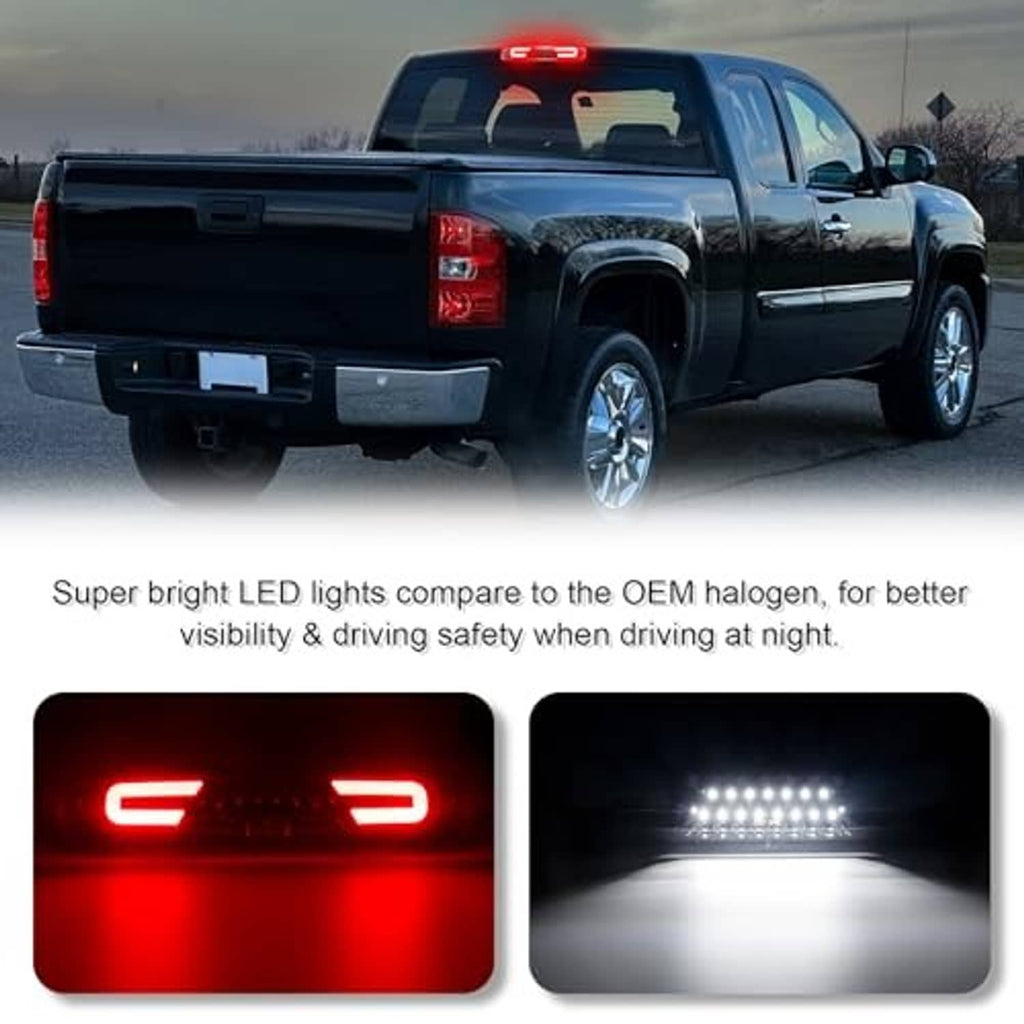 LED third brake light mounted on rear of pickup truck, red LEDs glowing above