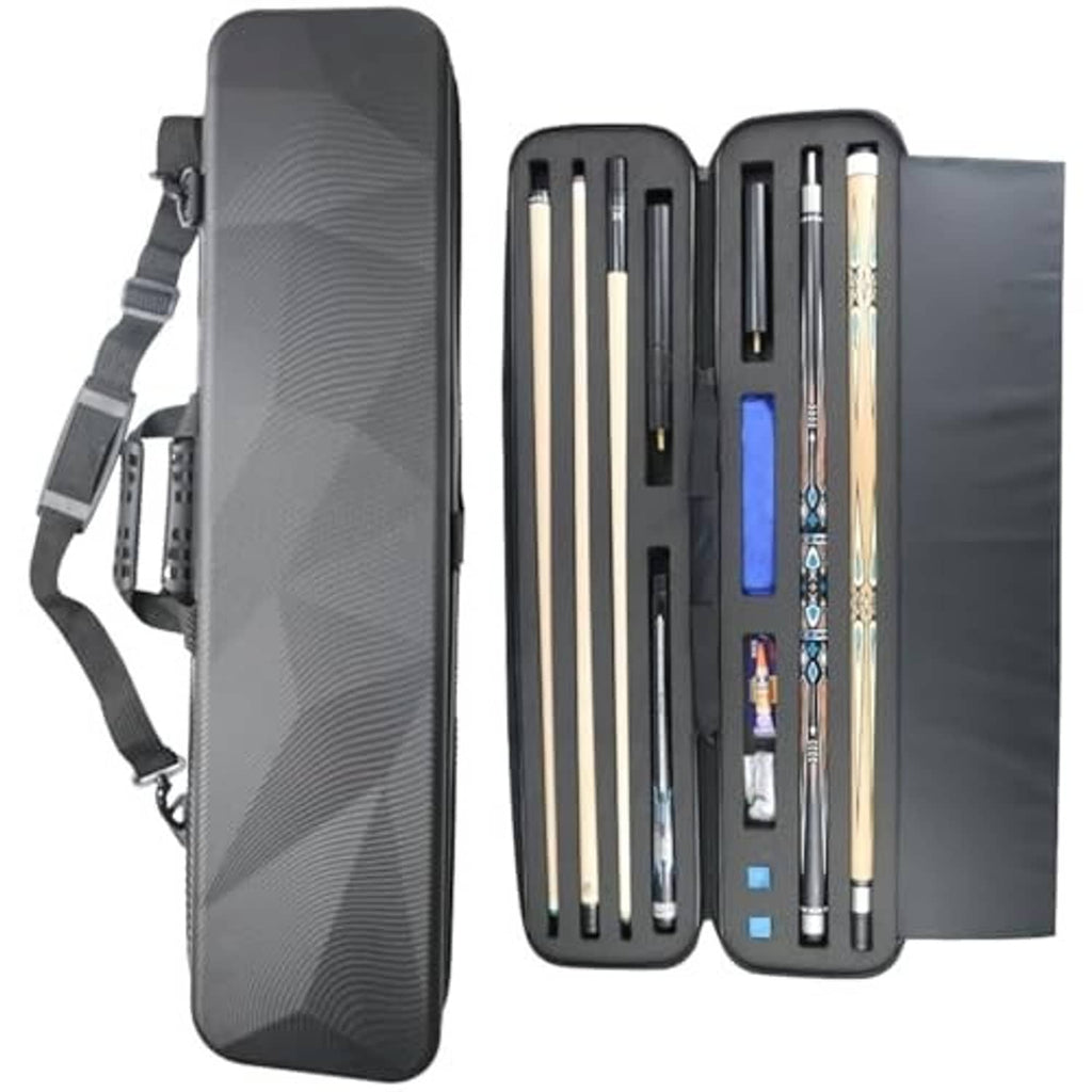 Black hard pool cue case with shoulder strap, multiple cue compartments with dividers.