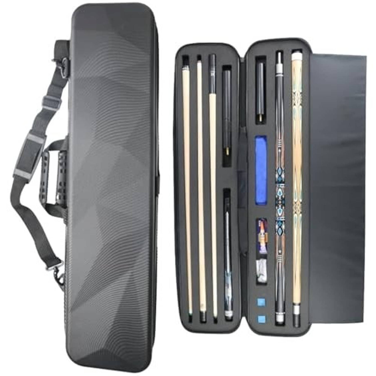 Black hard pool cue case with shoulder strap, multiple cue compartments with dividers.