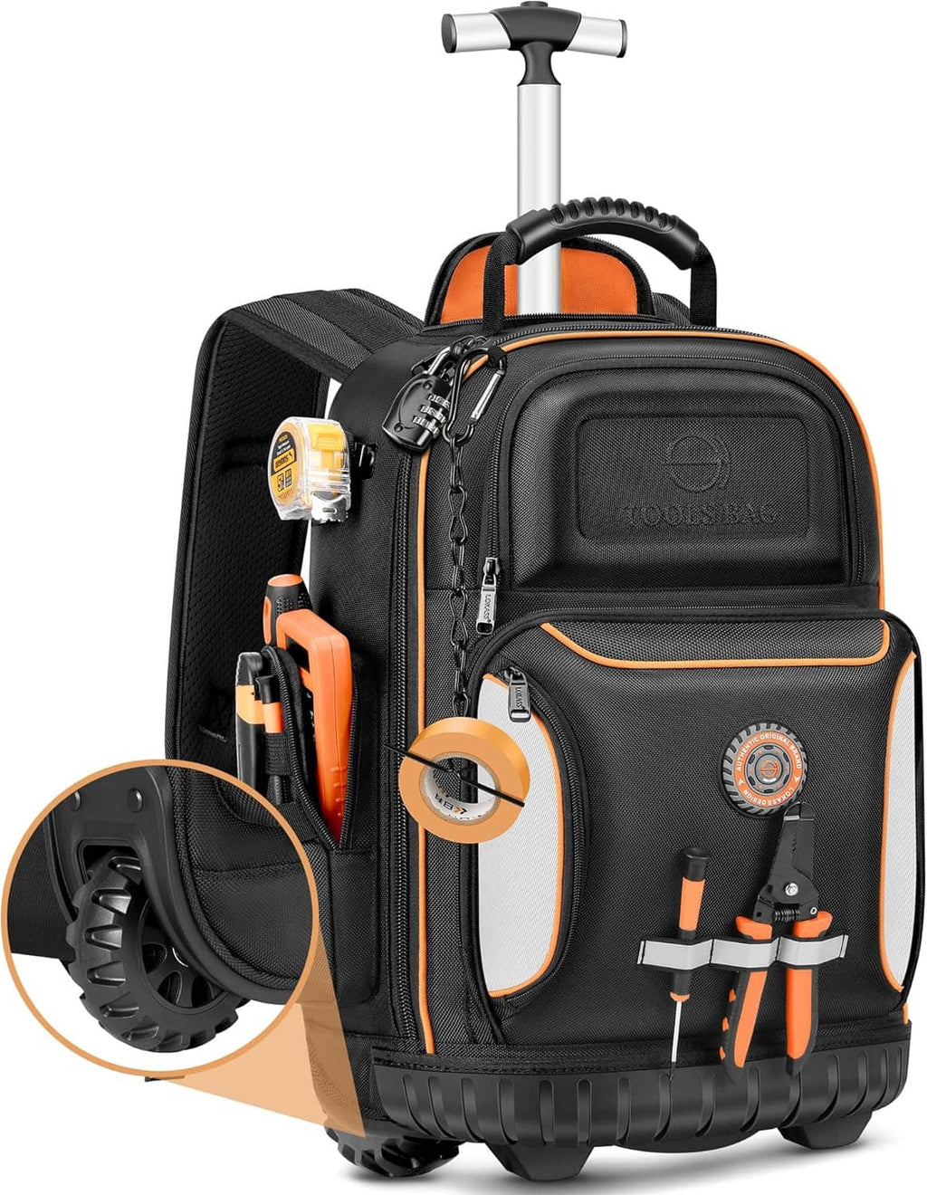 Black tool rolling backpack with orange trim, front zip pockets, and upright handle