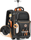 Black tool rolling backpack with orange trim, front zip pockets, and upright handle